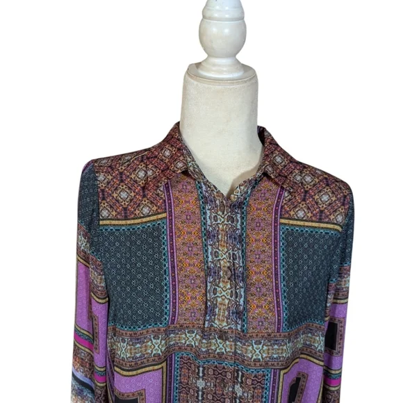 Rose + Olive patchwork Print Multicolor Teal/Purple/ Brown Blouse Sz S - Picture 6 of 9